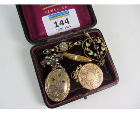 Ruby and seed pearl pendant stamped 9ct, Victorian and Edwardian lockets and brooches (6)