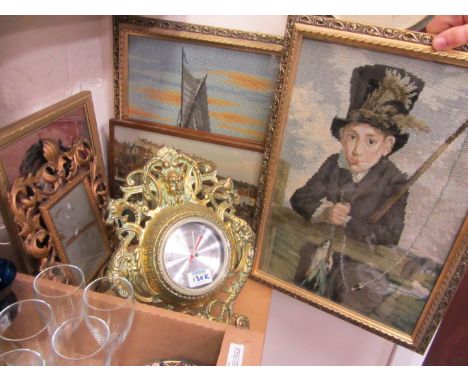 Taylor Stormoguide brass barometer on stand, brass photograph frame, three wool work pictures and two prints