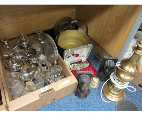 Decorative glassware, silverplate, brass table lamp and jam pan and other decorative items in two boxes