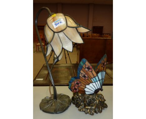 Leaded glass butterfly table lamp and a similar flower head table lamp