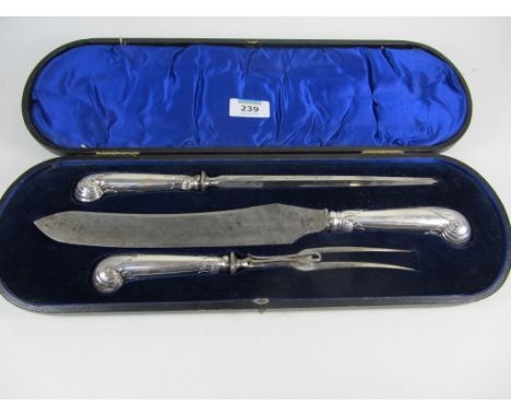 Three piece presentation carving set, silver pistol grip handles  by Harrison Bros & Howson cutlers to her majesty Sheffield 