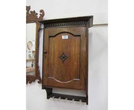 Edwardian oak wall hanging smoker's cabinet with chequered bandings and pipe rack 36cm x 58cm