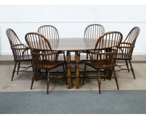 18th century style oak wake dining table, oval drop leaf top with double gate legs (l200cm x W152cm open x H74cm; together wi