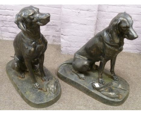 Pair life size cast iron hunting dogs on plinths, H90cm