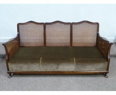 Mid 20th century mahogany framed bergere lounge suite - three seat sofa (W166cm) and pair matching armchairs