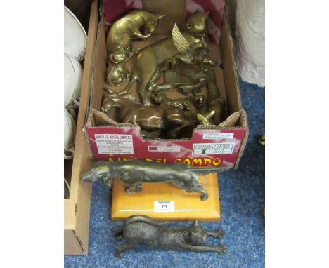 Model of a retriever on wooden plinth, outstretched cat and other brass animals in one lot