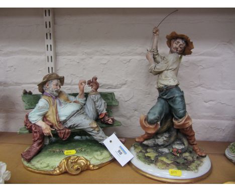 Capodimonte figure of a tramp on a bench signed B. Merli and a Capodimonte fisherman