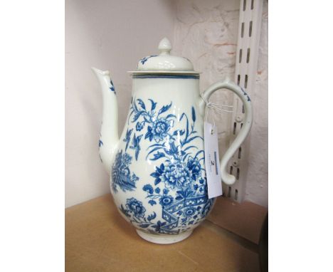 First period Worcester blue and white coffee pot, zig-zag fence pattern circa 1770, underglaze blue crescent mark H20cm