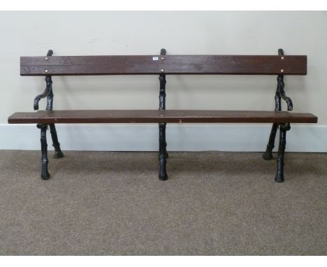 Large Victorian cast iron and wood plank garden bench, W213cm