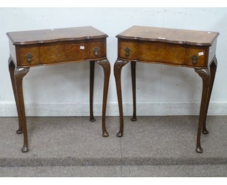 Pair mid 20th Century burr walnut serpentine front lamp tables each fitted with a single drawer, W60cm
