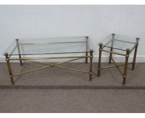 Antique brass rectangular glass top coffee table (111cm x 56cm) and matching lamp table (50cm x 41cm)