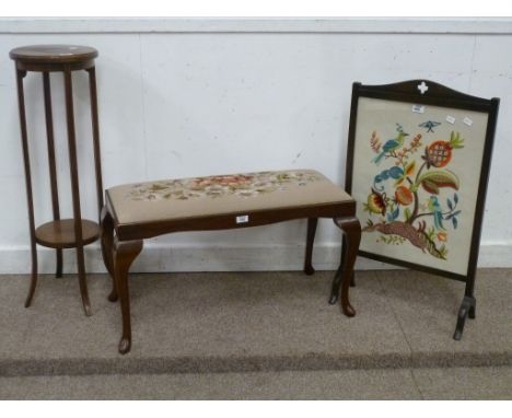 Mahogany framed dressing table stool with needlework top, firescreen and an inlaid jardiniere stand