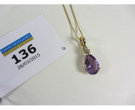 Amethyst and diamond pendant necklace stamped 9k on gold chain hallmarked 18ct
