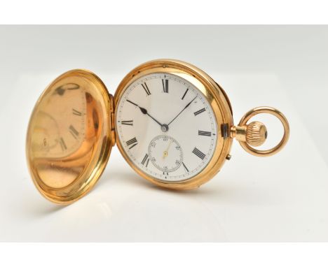 A LATE VICTORIAN, 18CT GOLD FULL HUNTER POCKET WATCH, manual wind, round white dial, Roman numerals, subsidiary seconds dial 
