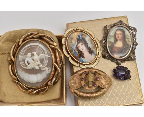 FIVE BROOCHES, to include a large gold plated swivel mourning brooch, one side set with a carved shell cameo depicting Hebe a