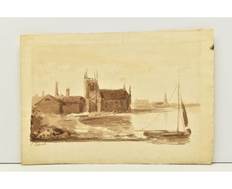 JOHN LAPORTE ( 1761-1839) A LOOSE SKETCH DEPICTING A DINGHY WITH CHURCH BEYOND, signed bottom left, ink wash on paper, approx
