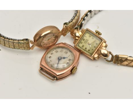 THREE 9CT GOLD LADYS WATCHES, to include a manual wind, rose gold watch head, hallmarked 9ct London, a small ladys wristwatch
