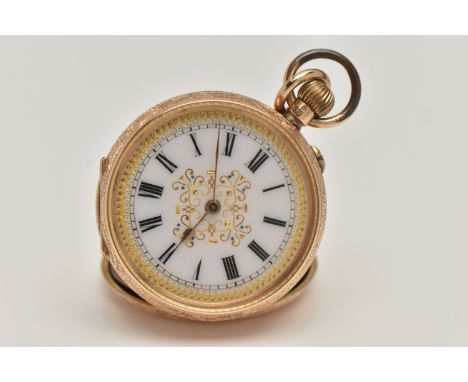 A LADYS YELLOW METAL OPEN FACE POCKET WATCH, manual wind, round white dial with gold scrolling detail, gold tone hands, withi