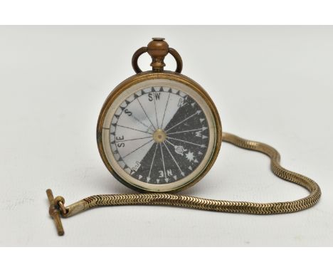A BRASS COMPASS, mother of pearl face, fitted with a brass snake link Albert chain (condition report: not currently working, 