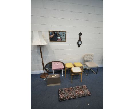 A SELECTION OF OCCASIONAL FURNITURE, to include three 20th century stacking stools, a tubular metal chair, a white painted dr