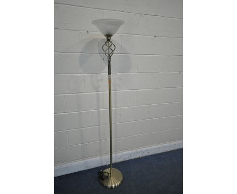 A MODERN FLOOR LAMP, with a frosted glass shade, three white painted chairs, and a traveling trunk (5)