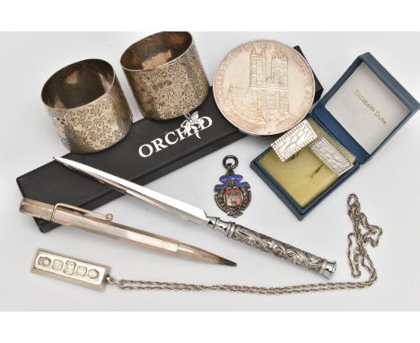 A BOX OF ASSORTED SILVER ITEMS, to include a silver '25th Anniversary Coronation of H.M Queen Elizabeth II' medallion, hallma