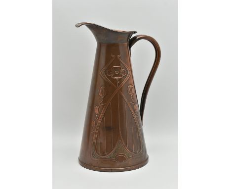AN ART NOUVEAU CONICAL COPPER JUG BY JOSEPH SANKEY &amp; SONS, embossed with sinuous flowers and scrolls, stamped to the unde