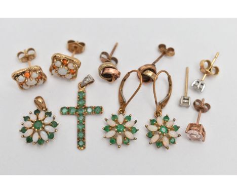 TWO PENDANTS AND FOUR PAIRS OF EARRINGS, to include an emerald cross pendant, fitted with a single cut diamond set tapered ba