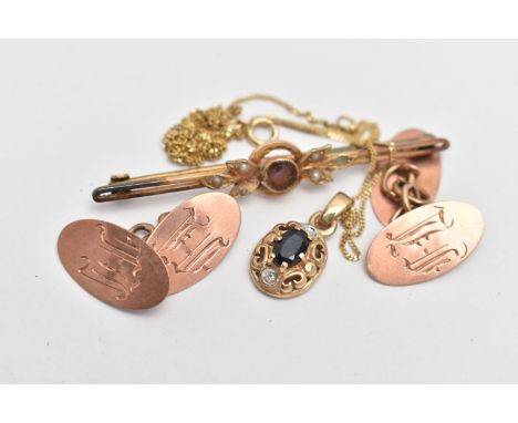 A PAIR OF 9CT ROSE GOLD CUFFLINKS, A PENDANT NECKLACE AND A BROOCH, rose gold oval cufflinks with engraved initials, chain li