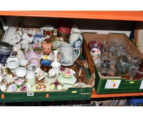 THREE BOXES OF CERAMICS AND GLASSWARE, to include a  Caithness  mottled glass dish, a Szgja glass bird, a Contessa coffee set