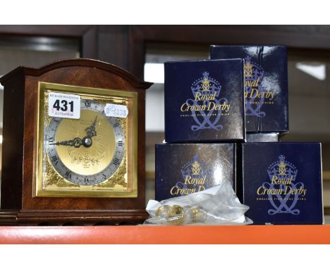 AN ELLIOTT MANTEL CLOCK, ROYAL CROWN DERBY BOXES AND SPARE 'GOLD' STOPPERS, comprising a small wooden cased Elliott mantel cl