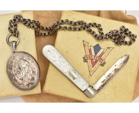 A LATE VICTORIAN SILVER LOCKET AND CHAIN WITH A SILVER FRUIT KNIFE, oval ivy leaf detailed locket, hallmarked 'Adie &amp; Lov