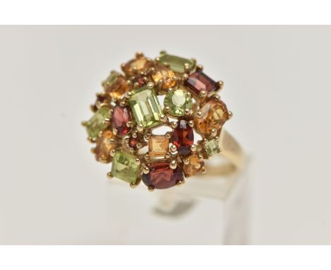 A 9CT GOLD GEM SET CLUSTER RING, large statement cluster, set with vary cut stones such as citrine, garnet and peridot, appro