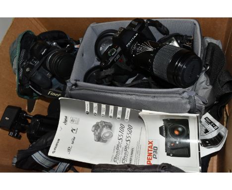 A BOX OF CAMERAS AND PHOTOGRAPHIC EQUIPMENT, to include a Pentax P30 with an f4-5.6 70-210mm Sigma lens, a Sigma f2.8-4 35-70