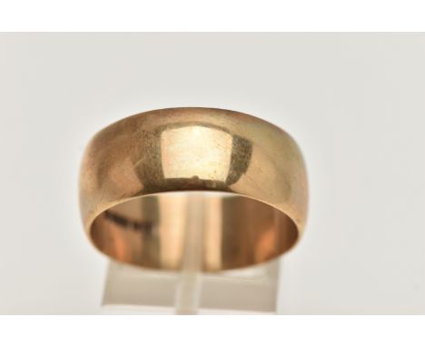 A 9CT GOLD WIDE BAND RING, polished band, approximate band width 9.4mm, hallmarked 9ct Birmingham, ring size leading edge X, 