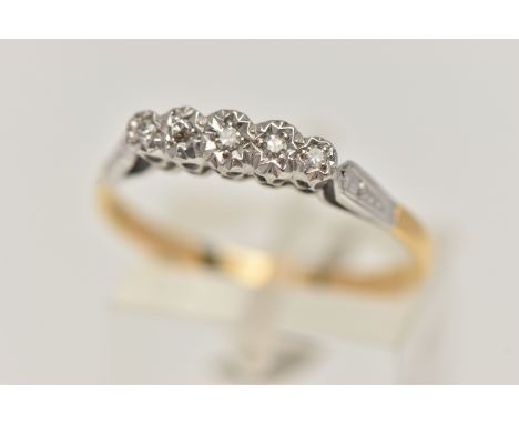 A YELLOW METAL FIVE STONE DIAMOND RING, set with five graduated single cut diamonds, each in a white metal illusion setting, 