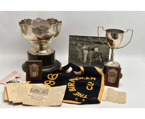 GREYHOUND RACING INTEREST, A COLLECTION OF TROPHY CUPS, AWARDS, NEWSPAPER CLIPPINGS AND VELVET WINNER'S JACKET, relating to t