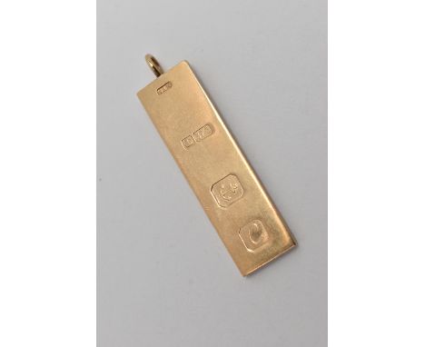 A 9CT GOLD INGOT PENDANT, hallmarked 9ct Birmingham, fitted with a jump ring, length including jump ring 50mm, approximate gr