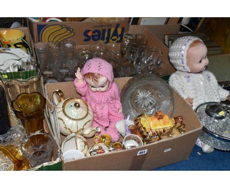 FIVE BOXES AND LOOSE CERAMICS, GLASS, AND SUNDRY ITEMS, to include a Sadler cream lustre three piece tea set, a Burleigh Ware