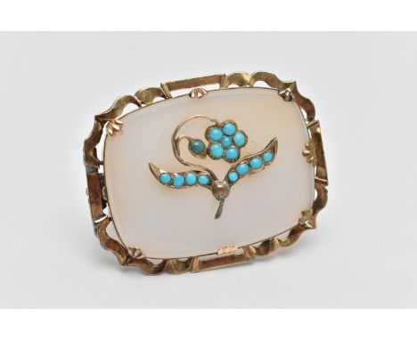 A LATE VICTORIAN CHALCEDONY AND TURQUOISE BROOCH, of a rounded rectangular form, polished milky chalcedony inlay decorated wi
