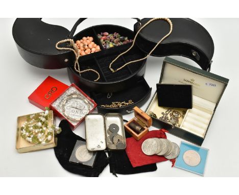 A BOX OF ASSORTED ITEMS, to include two cultured baroque pearl and peridot necklaces, imitation pearl necklaces, a white meta