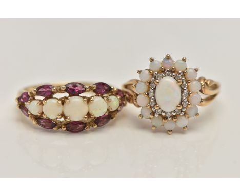 TWO 9CT GOLD GEM SET RINGS, the first an opal and amethyst ring, set with small single cut diamond accents, polished band, ha