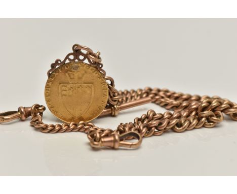 A 9CT ROSE GOLD ALBERT CHAIN WITH COIN FOB, graduated albert chain, each link stamped 9.375, fitted with two lobster clasps a