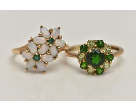 TWO 9CT GOLD GEM SET RINGS, the first a double flower ring set with opals and emeralds, to a polished band, hallmarked 9ct Bi