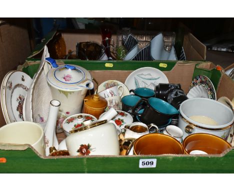 TWO BOXES OF CROWN DEVON POTTERY AND GLASSWARE, the Crown Devon including a tea pot printed and tinted with flowers, assorted