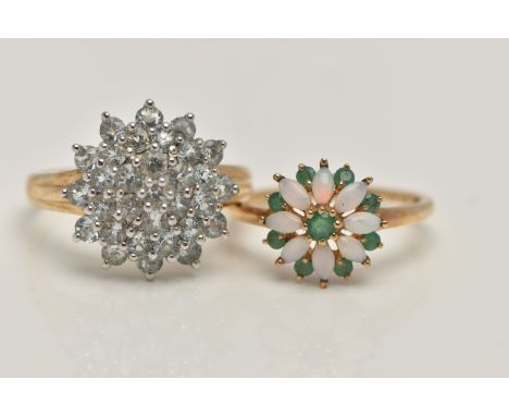 TWO 9CT GOLD GEM SET RINGS, the first a large colourless stone set cluster, hallmarked 9ct Birmingham, ring size T, the secon