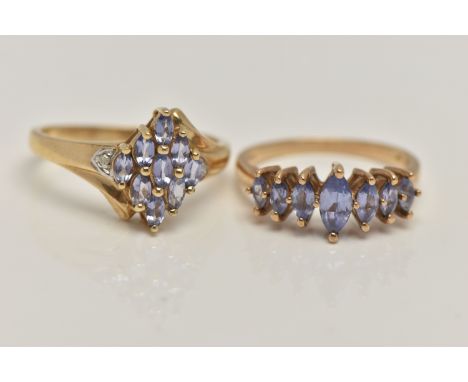 TWO 9CT GOLD GEM SET RINGS, the first set with a row of marquise cut tanzanite, to a polished band, hallmarked 9ct Birmingham