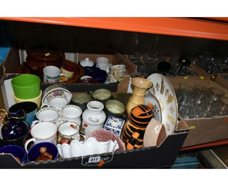 SIX BOXES AND LOOSE CERAMICS AND GLASSWARE, to include a boxed twelve piece glass tumbler set, wine glasses, champagne flutes