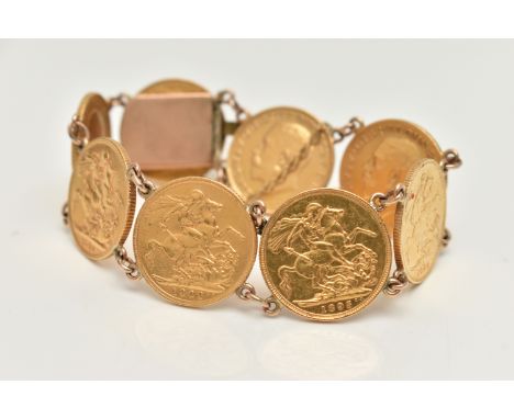 A FULL SOVEREIGN BRACELET designed as a series of eight full sovereigns, dates to include 1895, 1900, 1902, 1906, 1911, and t