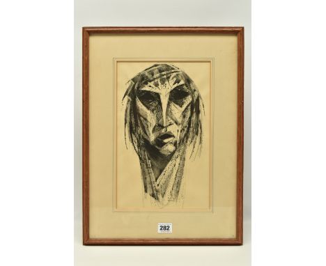 GEORGE TUCKWELL (1919-2000) 'BEGGAR', a stylised portrait of a face, initialled lower right, ink and wax on paper, approximat